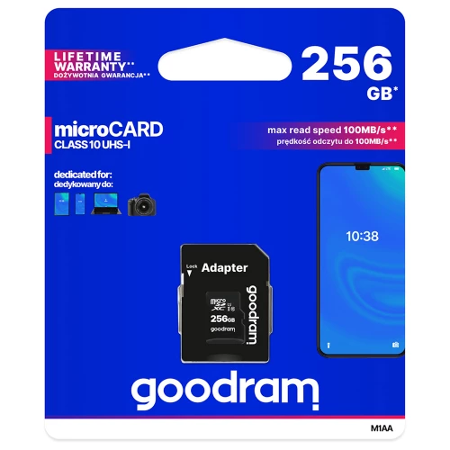 Atminties kortelė microSD 256GB su SD adapteriu GOODRAM M1AA (100 Mb/s, U1, UHS-I, Class 10)