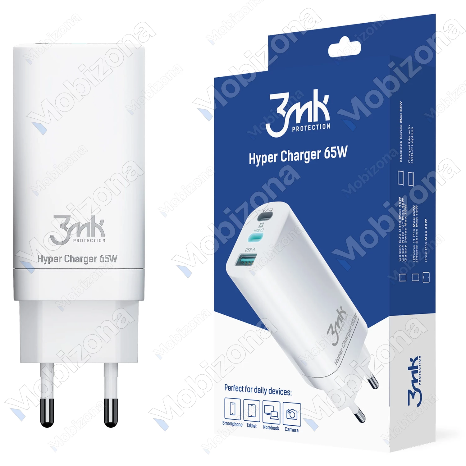 Įkroviklis USB, 2x Type-C PD 3.0, QC 4.0 3MK Hyper Charger (5.0A, 65W)