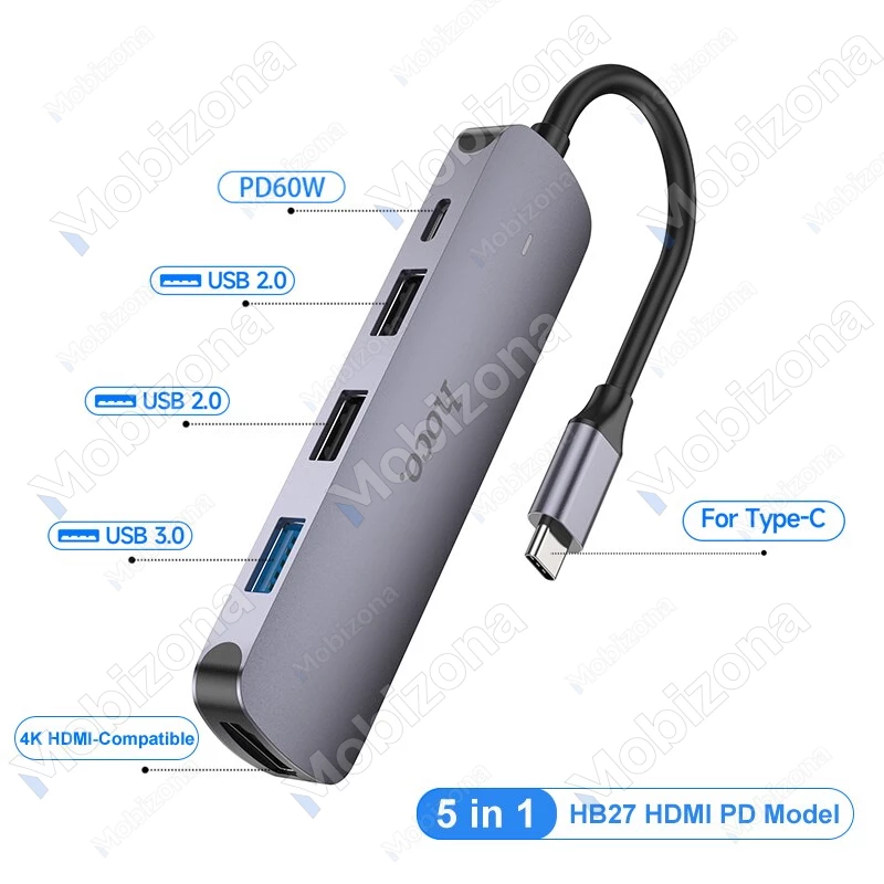 Type-C Multifunctional 5in1 HUB Adapter to 2x USB 2.0, USB 3.0, HDMI, Type-C Hoco HB27