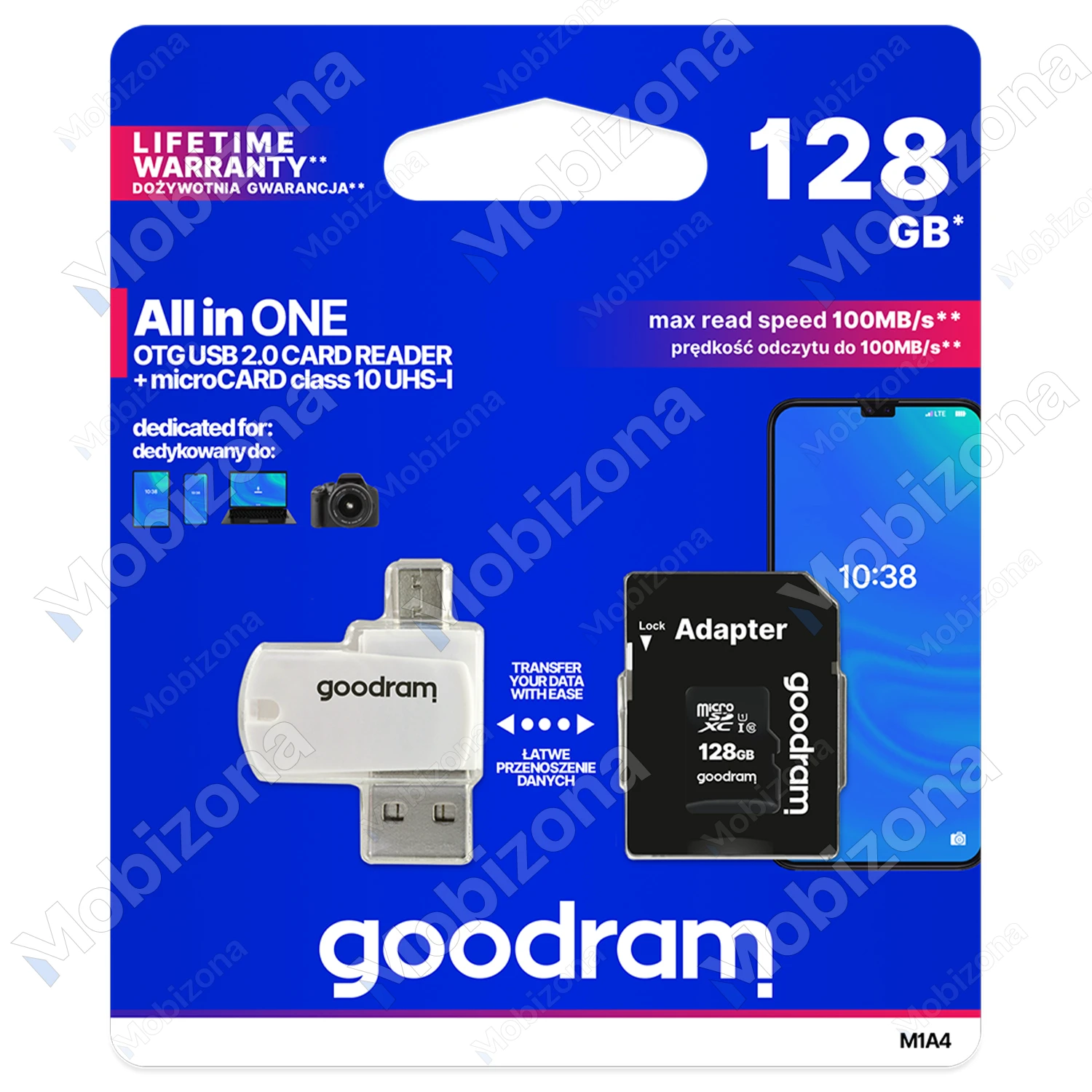 Memory Card micro SD 128GB with SD and OTG Adapter GOODRAM M1A4 All in One (100 Mb/s, U1, UHS-I, Class 10)