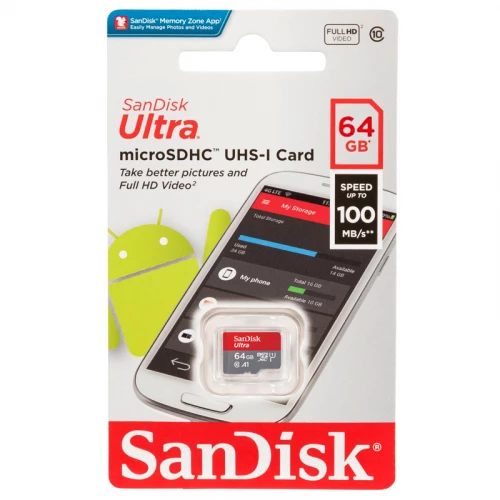 Atminties kortelė microSD 64GB SanDisk Ultra (100 Mb/s, UHS-I, Class 10, A1) Atminties kortelė microSD 64GB SanDisk Ultra (100 Mb/s, UHS-I, Class 10, A1)