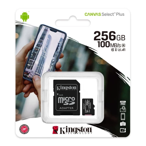 Atminties kortelė microSD 256GB su SD adapteriu Kingston Canvas Select Plus (100 Mb/s, U3, UHS-I, V30, A1) Atminties kortelė microSD 256GB su SD adapteriu Kingston Canvas Select Plus (100 Mb/s, U3, UHS-I, V30, A1)
