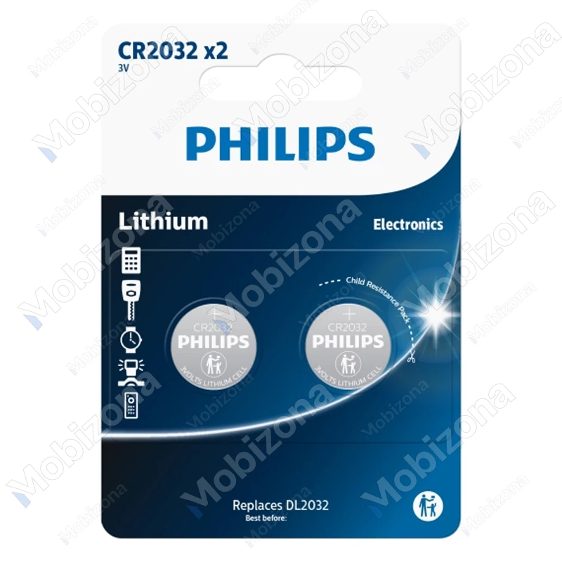 Philips CR2032 Lithium Coin Battery CR2032P2/01B (2 pcs.)