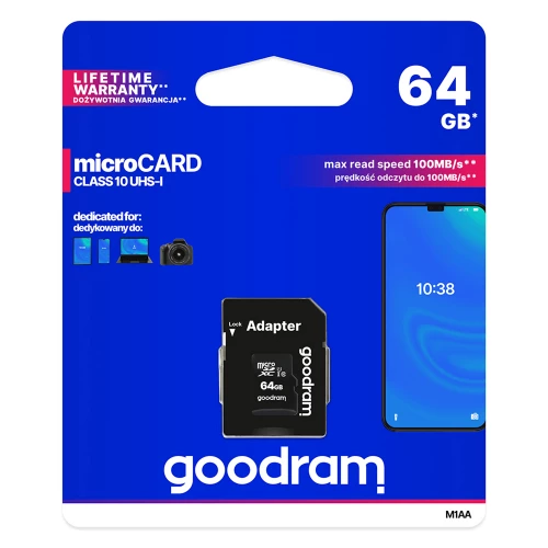 Atminties kortelė microSD 64GB su SD adapteriu GOODRAM M1AA (100 Mb/s, U1, UHS-I, Class 10) Atminties kortelė microSD 64GB su SD adapteriu GOODRAM M1AA (100 Mb/s, U1, UHS-I, Class 10)