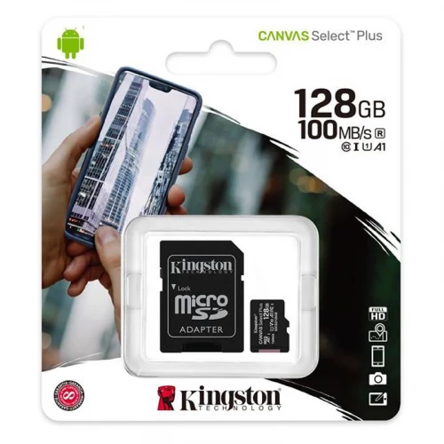 Atminties kortelė microSD 128GB su SD adapteriu Kingston Canvas Select Plus (100 Mb/s, U1, UHS-I, V10, A1) Atminties kortelė microSD 128GB su SD adapteriu Kingston Canvas Select Plus (100 Mb/s, U1, UHS-I, V10, A1)