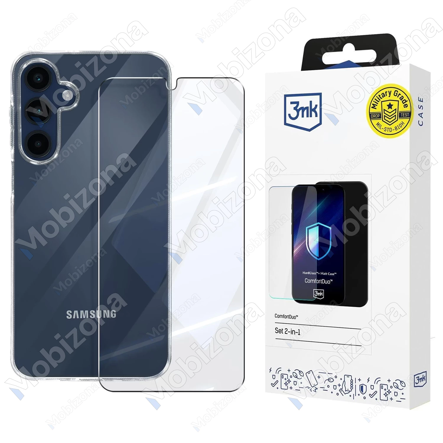 Samsung Galaxy A14 4G, A14 5G skirtas apsauginis stiklas ir dėklas 3MK ComfortDuo rinkinys