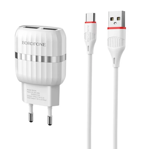 Travel Charger 2x USB with Type-C (USB-C) Cable Borofone BA24A Vigour (2.1A)