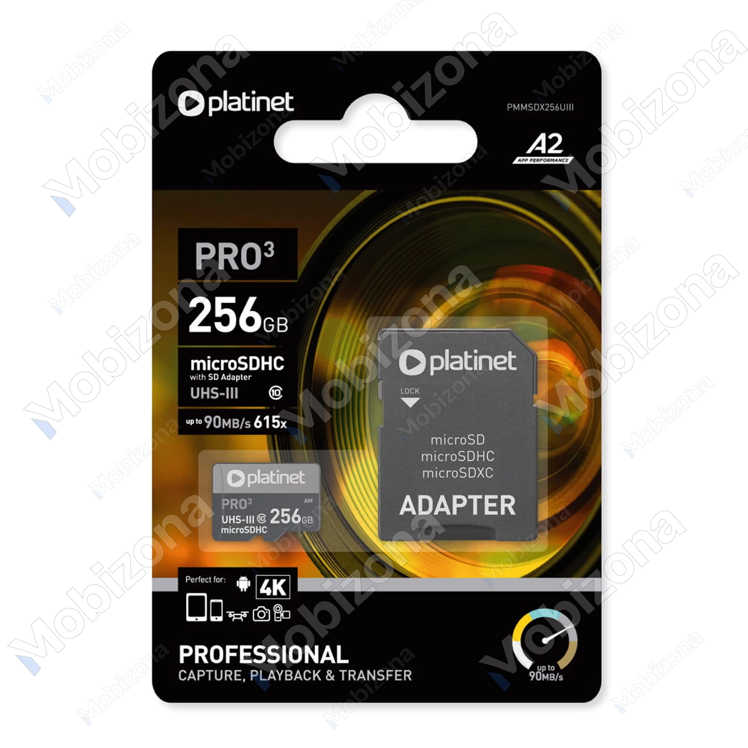 Atminties kortelė microSD 256GB su SD adapteriu Platinet Pro (90 Mb/s, A2, UHS-III, Class 10)