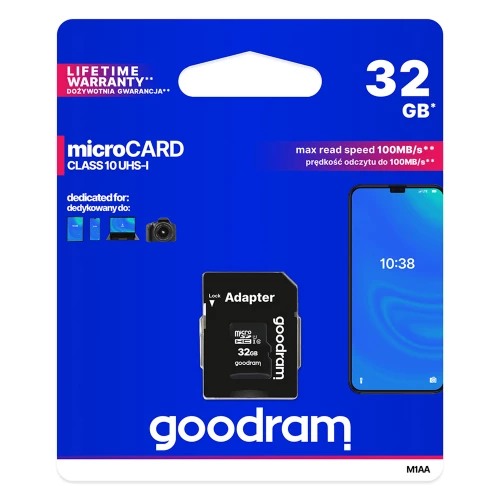 Atminties kortelė microSD 32GB su SD adapteriu GOODRAM M1AA (100 Mb/s, U1, UHS-I, Class 10) Atminties kortelė microSD 32GB su SD adapteriu GOODRAM M1AA (100 Mb/s, U1, UHS-I, Class 10)
